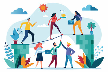 Build business bridge connect path together, solution or teamwork idea, cooperation or collaboration to success together concept, business people team help building the bridge to connect the way. 

