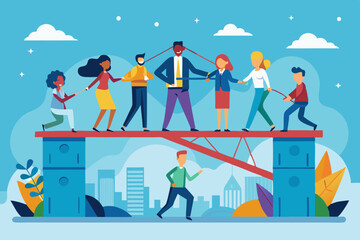 Build business bridge connect path together, solution or teamwork idea, cooperation or collaboration to success together concept, business people team help building the bridge to connect the way. 
