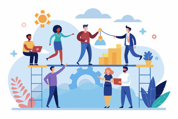 Build business bridge connect path together, solution or teamwork idea, cooperation or collaboration to success together concept, business people team help building the bridge to connect the way. 
