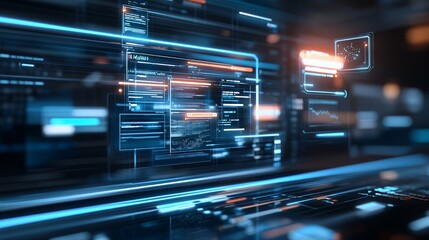 Futuristic digital interface with glowing data displays and information panels.