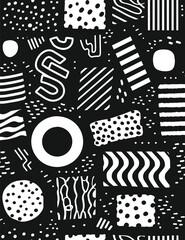 Black and White Memphis Pattern with Geometric Shapes Polka Dots and Abstract Lines Retro Design