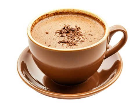 Cup of hot cocoa with chocolate flakes, isolated on transparent cutout background