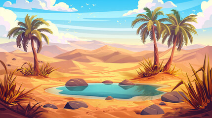 Fototapeta premium The Sandy desert with small lake under palm trees, game background, Illustration