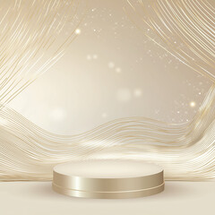 Empty golden round product display podium on a soft wavy lines background 