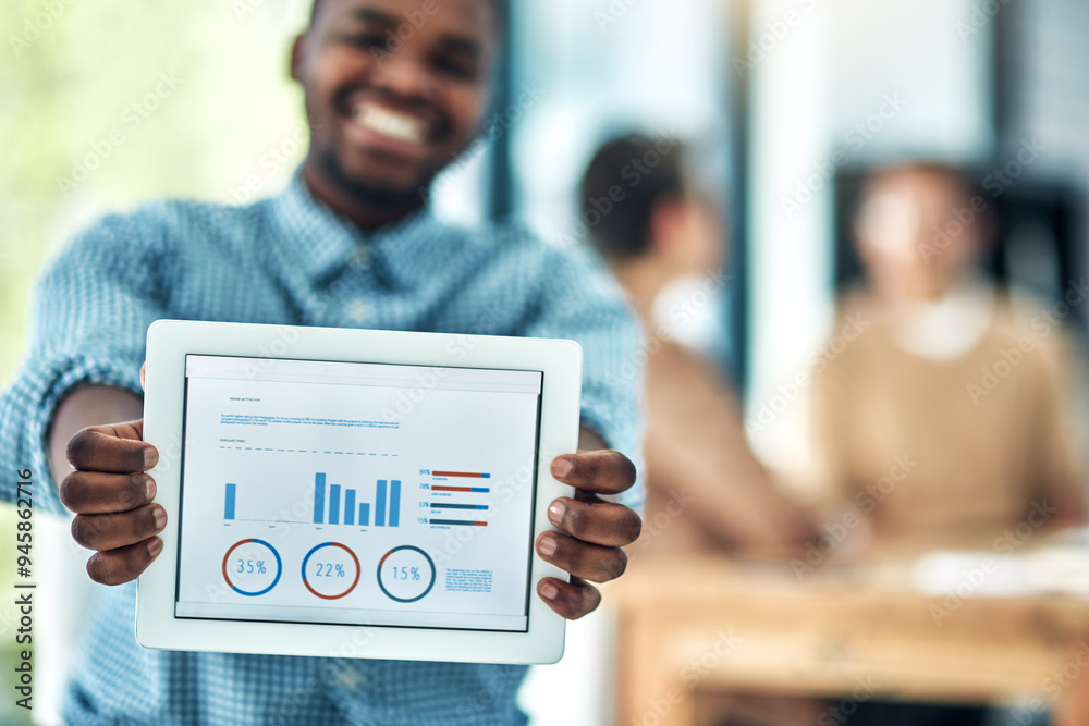 Aufkleber portrait, business and man with tablet screen, graphs and sales person for startup, smile and digita