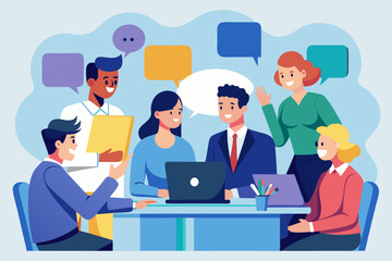 Conversation or business discussion, meeting, talk or chat together, group talk or communication dialog, message or speaking concept, business people coworker having conversation on speech bubble.

