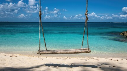 Rustic swing on a picturesque beach, with clear blue waters and soft sand, perfect for a holiday concept.