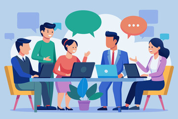 Conversation or business discussion, meeting, talk or chat together, group talk or communication dialog, message or speaking concept, business people coworker having conversation on speech bubble.

