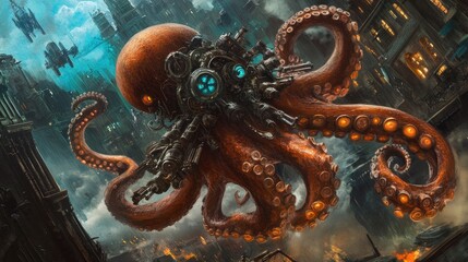 Obraz premium A steampunk octopus battling a giant squid, its mechanical arms clashing against the creature's tentacles