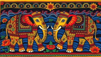 Obraz premium Pattern with elephant, Abstract painting, elephant pattern, flower ornament pattern.seamless pattern with elephant and flowers 