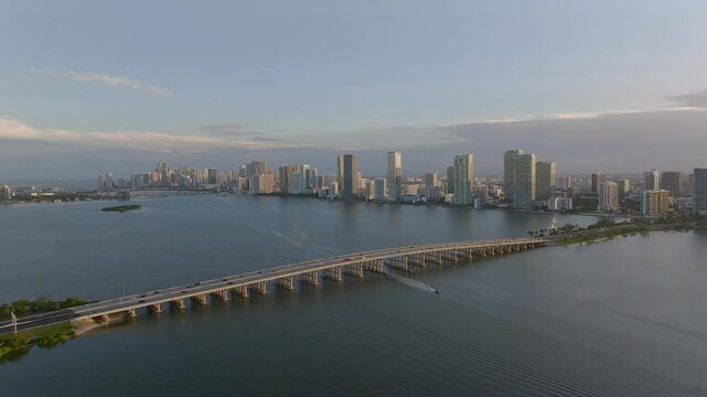 Aerial view of biscayne bay with julia tuttle causeway and miami skyline, miami, united states.