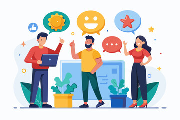 Customer feedback, user experience or client satisfaction, opinion for product and services, review rating or evaluation concept, young adult people giving emoticon feedback such as stars, thumbs up.
