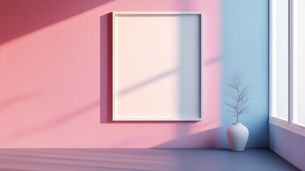 Soft pastel wall with a blank white frame, minimalistic decor, subtle shadows, and clean space, ideal for art display or background use.
