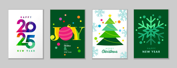 Colored greeting cards set for Merry Christmas and Happy New Year 2025. Colorful facet numbers 2025 with xmas tree, christmas ball and confetti for posters or business sale holiday design. Vector