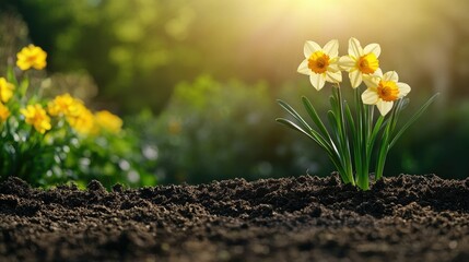 Springtime daffodils in a garden plot, warm sunshine and space for text.