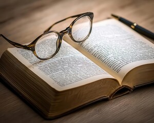 Book open on a wooden desk, with a pen and reading glasses nearby