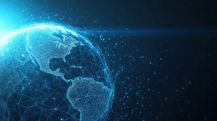 Futuristic Digital Earth with Polygonal Wireframe and Hologram on Blue Background - Global Network Concept. AI generated illustration