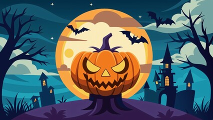 Fototapeta premium Spooky Halloween night with pumpkins and bats under a full moon