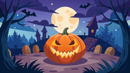 Fototapeta premium Spooky Halloween Pumpkin Silhouette Against Dark Autumn Night