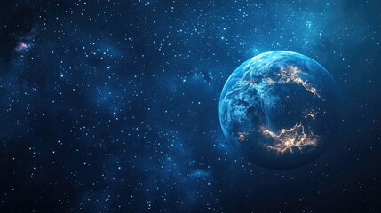 Fototapeta premium Starry sky with a glowing Planet Earth in the foreground, cosmic and awe-inspiring background.