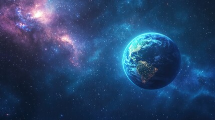 Obraz premium Starry sky with a glowing Planet Earth in the foreground, cosmic and awe-inspiring background.