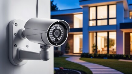 Home Security Camera Mounted on White Wall with Modern House in Background