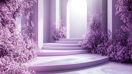 Minimalist 3D render of purple flowers, steps, and an archway.