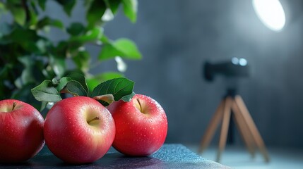 Studio setup featuring fresh apples, showcasing their texture and color, suitable for marketing purposes.