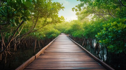 a wooden boardwalk leading through a lush mangrove forest 