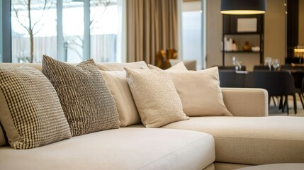 Stylish beige sofa with cozy pillows in a modern living room, highlighted by tasteful decor and soft lighting.