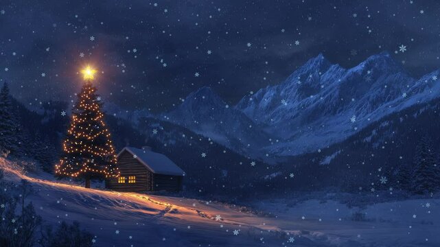 Christmas Tree and Lit Cabin in a Frozen Winter Wonderland: A Snowy Night Landscape with Mountains and Snowdall