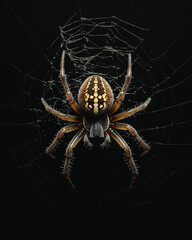 Close-up of a spider weaving a web, showcasing intricate details and colors against a dark background.