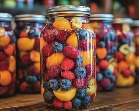 Canning jar filled with fresh fruit, with a focus on preservation