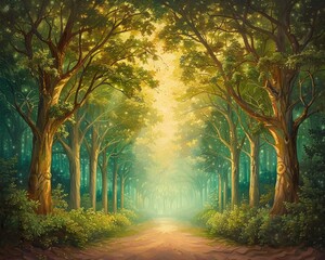 Naklejka premium An endless road disappearing into a foggy forest, illuminated by ethereal light beams filtering through the trees, creating a sense of mystery and resilience, Fantasy, Oil Painting