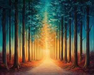 An endless road disappearing into a foggy forest, illuminated by ethereal light beams filtering through the trees, creating a sense of mystery and resilience, Fantasy, Oil Painting