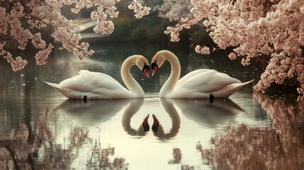 Swans in a heart shape, with their reflection on a serene pond surrounded by cherry blossoms.