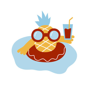 Pineapple cartoon chilling in the swimming pool with cocktail in his hand. Tropical vibe. Fun summer illustrations in flat style. Concept of active vacation