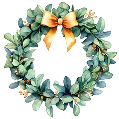 Fototapeta premium Watercolor Eucalyptus Wreath with Orange Bow.
