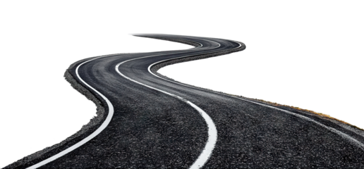 Curved asphalt road with white lines, isolated on transparent cutout background