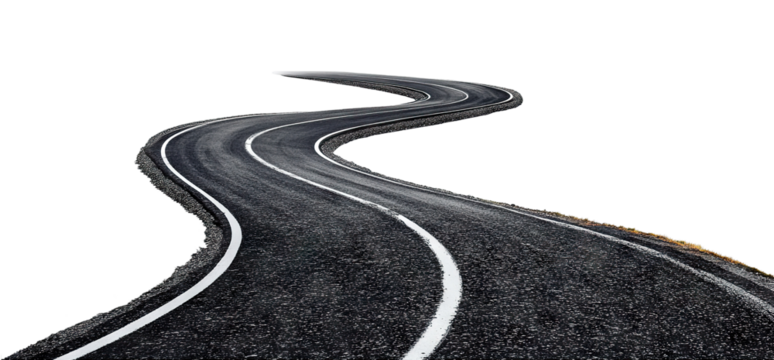 Curved asphalt road with white lines, isolated on transparent cutout background