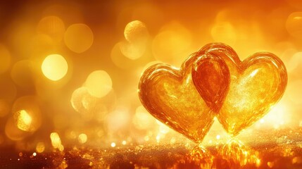 Obraz premium Two golden hearts glowing against a decorative background with bright light, perfect for a romantic Valentine's Day theme.