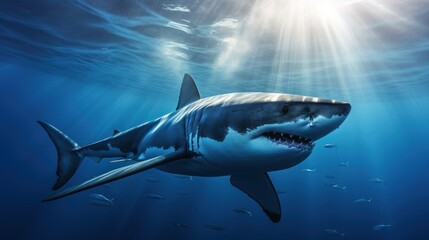 Fototapeta premium A great white shark swims gracefully in the deep blue ocean 