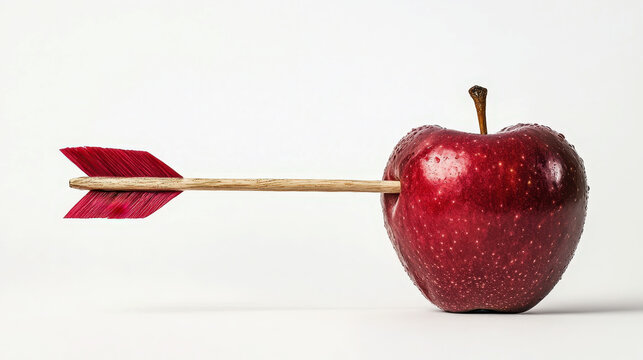 red apple with an arrow piercing through it, isolated against a white background 