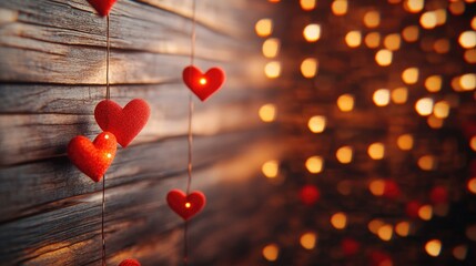 Valentine's Day background with red hearts, warm bokeh lights, and a wooden texture, with room for text.
