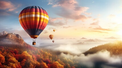 Obraz premium A hot air balloon ascending gracefully above a picturesque landscape, 