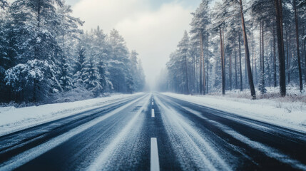 Obraz premium straight, wintry road winds through the forest, blanketed in snow and ice, with no cars or people in sight