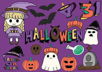 Set Of Cute Halloween Season,Trick Or Treat,October, Hand drawn Clipart Character Design. On Background
