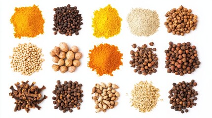 A collection of various spices arranged in piles, showcasing their colors and textures.