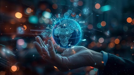 A hand holds a digital globe, symbolizing global connectivity and technology.