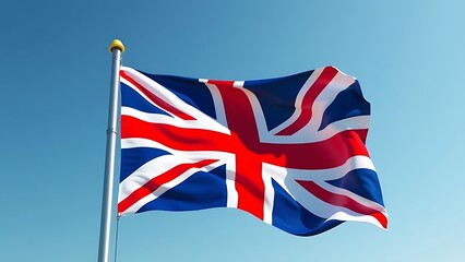 The Union Jack waves proudly against a clear blue sky, symbolizing the rich heritage and culture of the United Kingdom. A perfect representation for themes of patriotism and national identity.